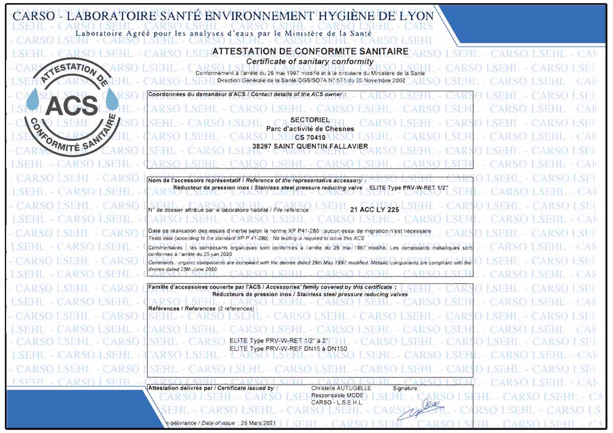 Z-Tide Direct Acting pressure reducing valves comply with acs regulations for drinking water