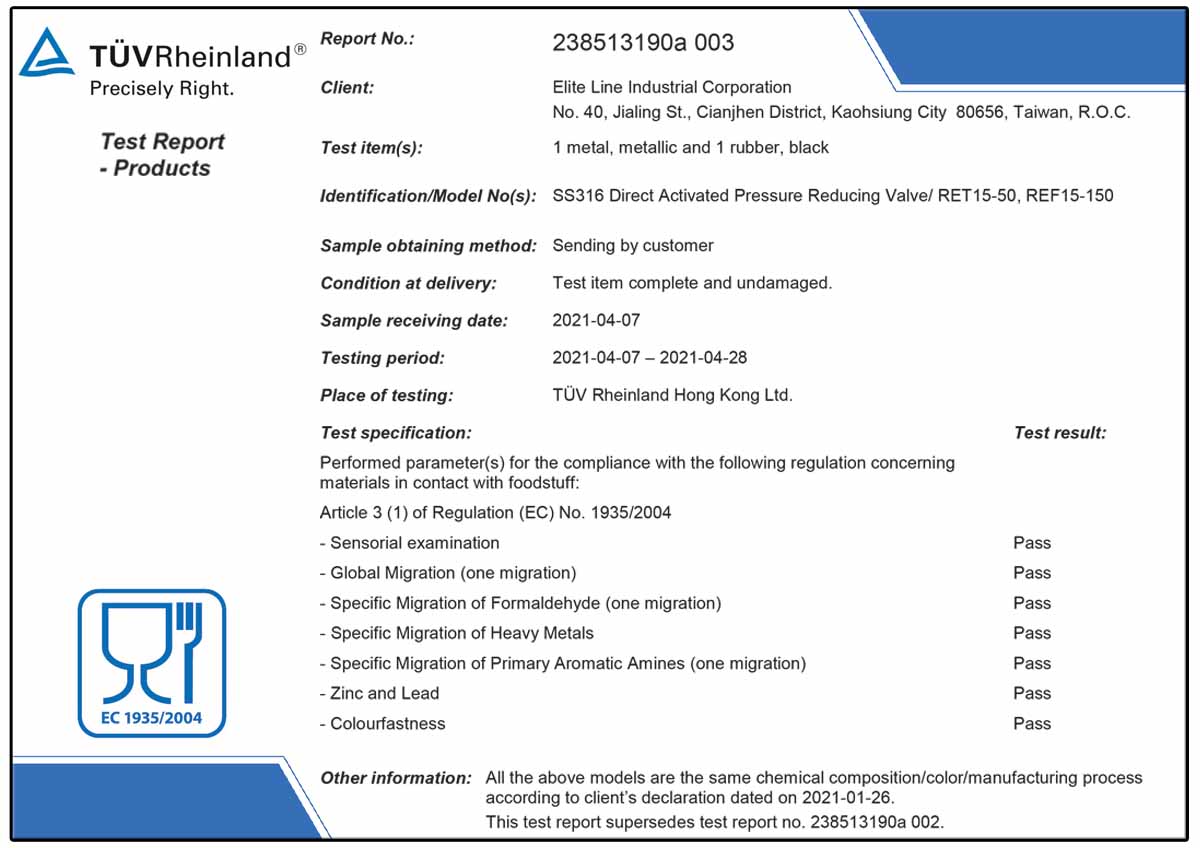 Z-Tide Direct Acting pressure reducing valves comply with ec1935/2004 regulations for drinking water